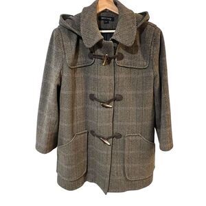 Anne Klein Wool Herringbone Toggle Coat Brown Size 14 Old Money Classic Preppy